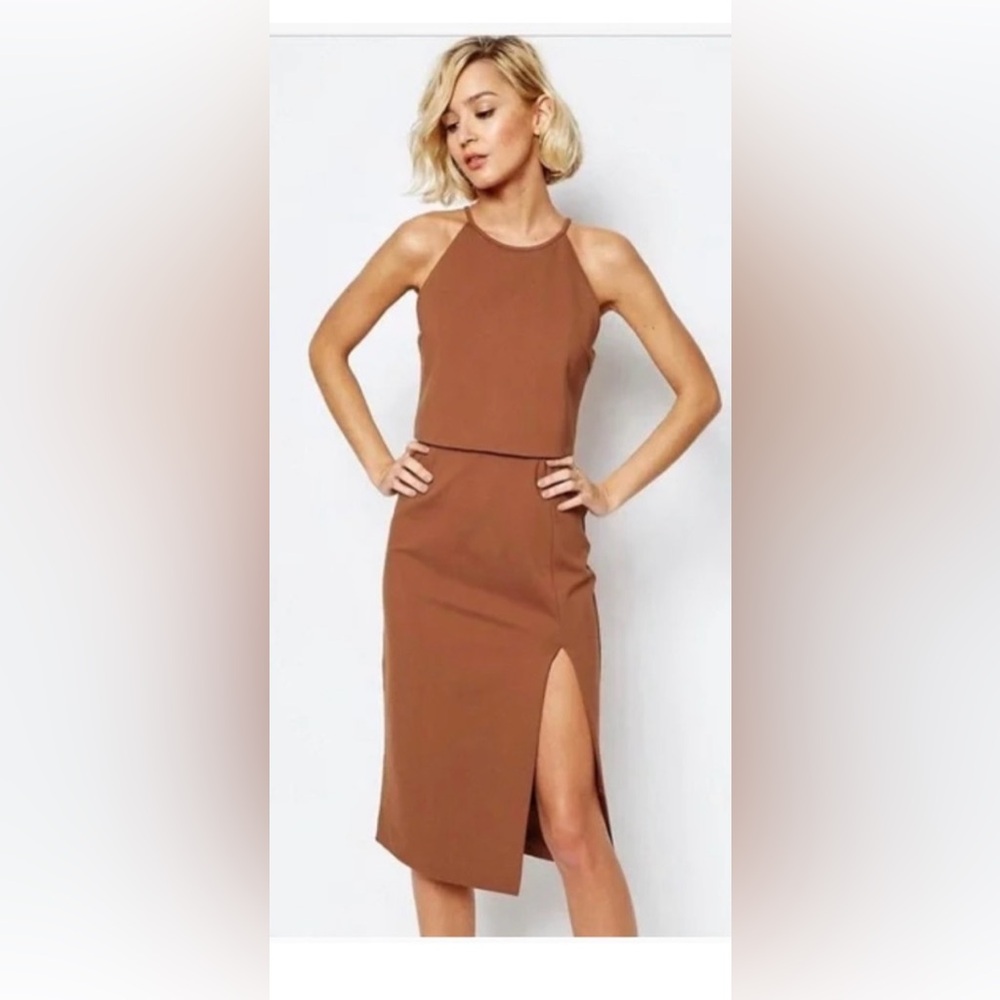 LAVISH ALICE • NEW High Neck Cropped Side Split Bodycon Midi Dress Size 8